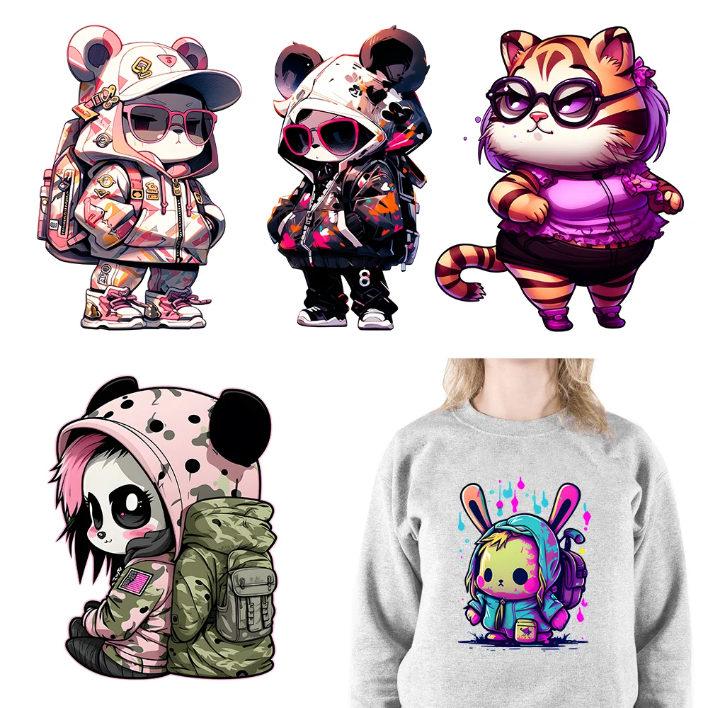 

Colorful Streetwear Girl Animal Logos Cute Panda Cat Rabbit Bear DTF Transfer Stickers Ready To Press For Bags Hoodies