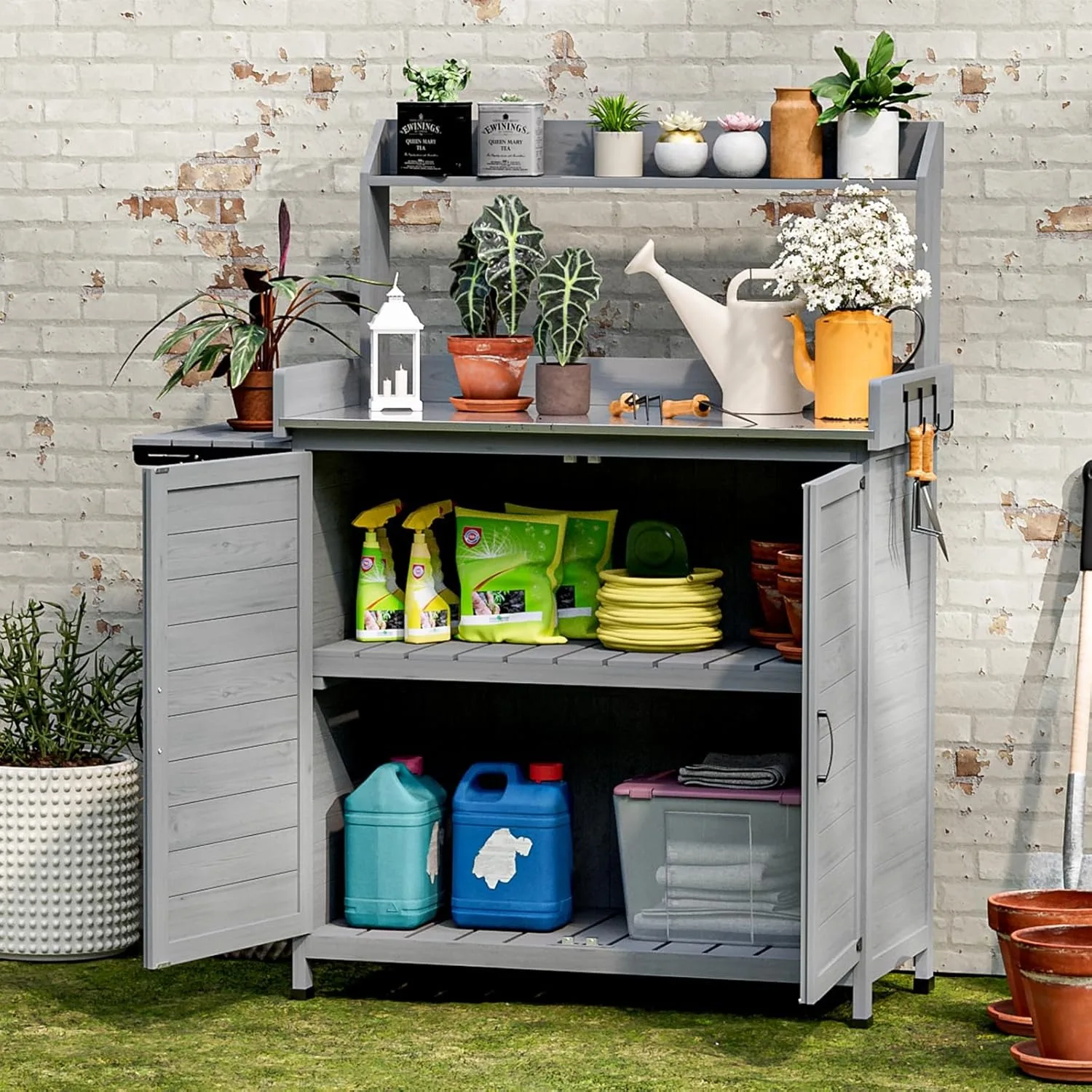 Potting Bench Table for Outside with Storage Cabinet, Solid Wood Garden Table for Outdoors with Metal Tabletop, Work Bench