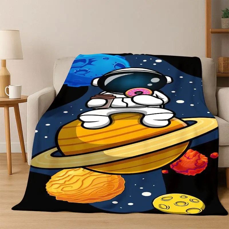 Cartoon Astronaut Universe Spaceman Outer Space Flannel Blanket Soft Warm Throw Blanket for Bedroom Living Room Bed Travel