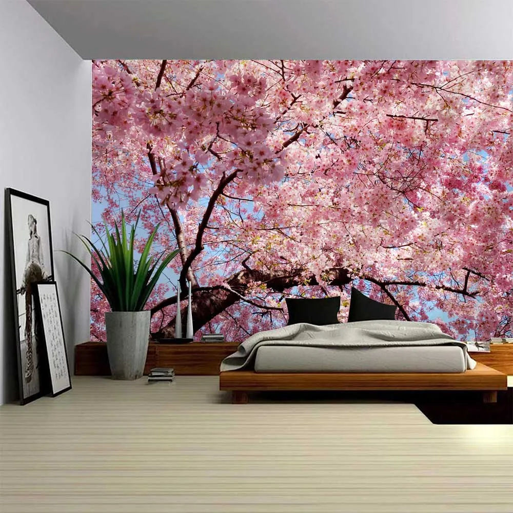 Cherry Blossom Landscape Tapestry Flower Grove River Wall Hanging Cloth Bohemian Wall Decoration Art Fabric Hanging Painting
