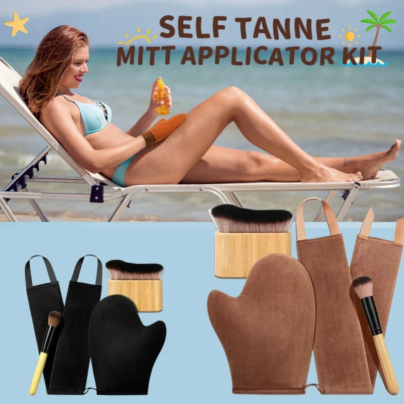 3/4pcs Self Tanning Mitt Kit with Self Tanner Back Applicator Self Tanning Brush Exfoliating Mitt & Accessories for Flawless Tan