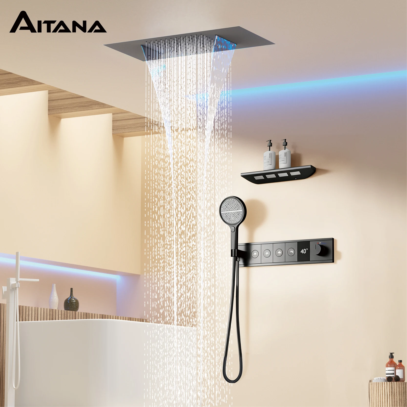 

Ceiling Mounted LED Digital Display Thermostatic Shower System.Embedded waterfall style brass bathroom mixer for hot&cold water