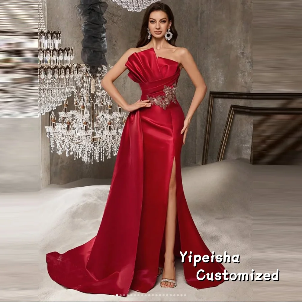 Vestido de Noche Formal Rojo Personalizado con Lentejuelas Brillantes y Apliques, Estilo Sirena Largo con Abertura Lateral y Escote Bardot sin Tirantes