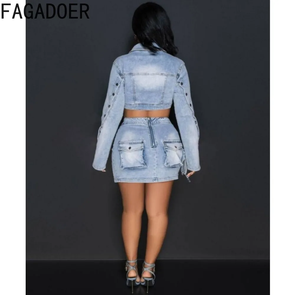 FAGADOER Fashion Streetwear Women Denim Button Long Sleeve Irregular Crop Top And Mini Slit Skirt Outfits Female Cowboy Clothing