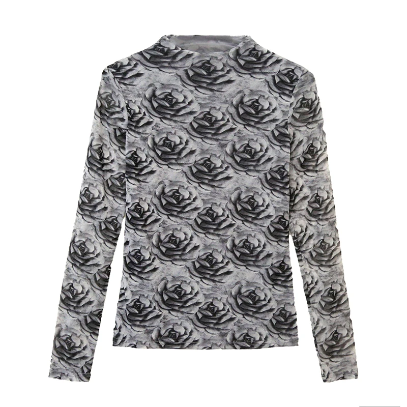 Ele Long Sve Damen T-Shirt Blumendruck Me Base irt High Ne Elastic Net Inner Wear Top Europäisches Sle Herbst W...