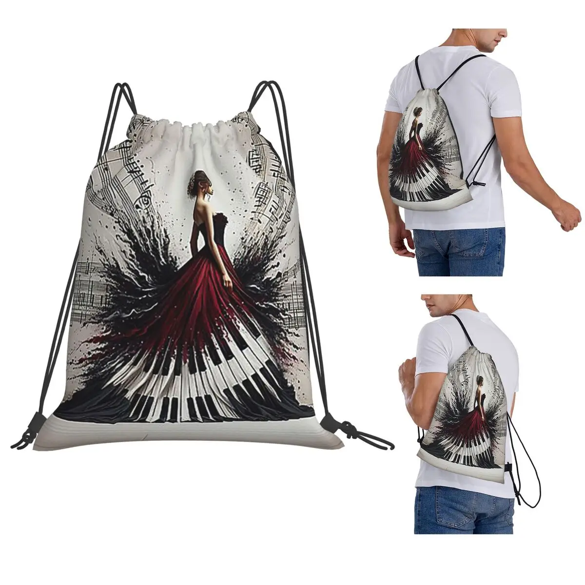 Beautiful Lady Piano Musical Notes, Wavy Dress Backpacks Multi-function Drawstring Bundle Pocket Shoes Bag Book Bags School