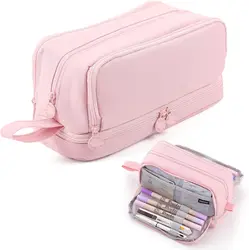 Pink Pencil Bag High Capacity Pen Case Bag Solid Color Candy Design School Supplies Gift Holder Ruler Storage 2 Layers Organizer