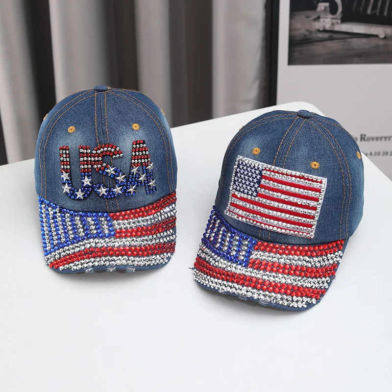 USA American Flag Rhinestone Denim Baseball Cap for Men Women, Bling Crystal Patriotic Snapback Hat, 4th of July Sparkly Adjusta