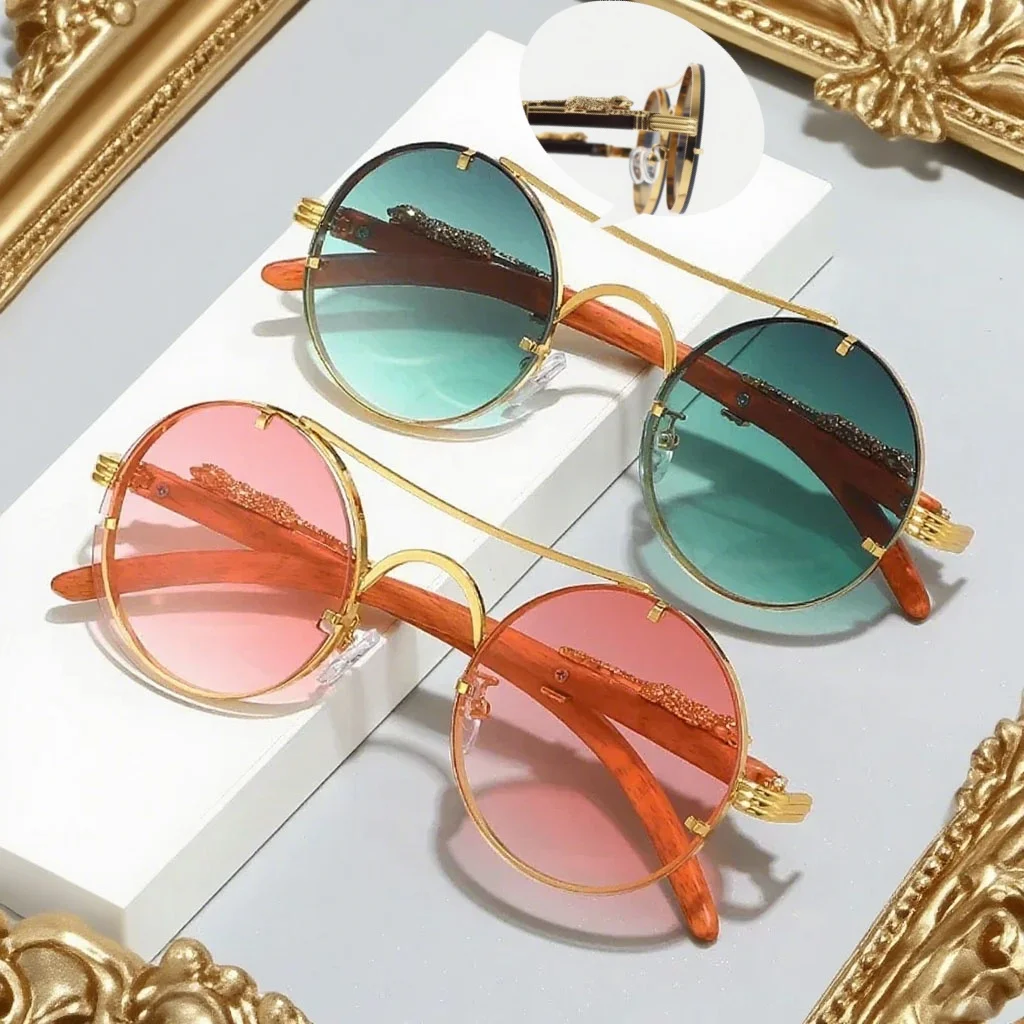

2025 Summer Hot Selling Round Double Beam Leopard Head Men's Sunglasses Fashion Luxury Metal Frame Women's Outdoor Sunglasses