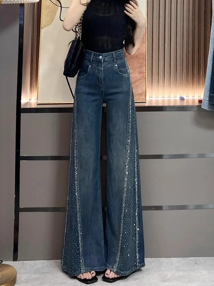 

Утягивающие широкие джинсы с высокой талией, женские модные летние брюки-колокольчики 2024, дизайн Senation Hotfix, джинсовые брюки со стразами