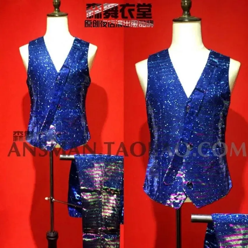 New Color Blue Glitter Gradient Effect Suit Men Vest Suits Hairdresser Nightclub Bar Male Singer Dj Fashion Stage Costumes S-5xl