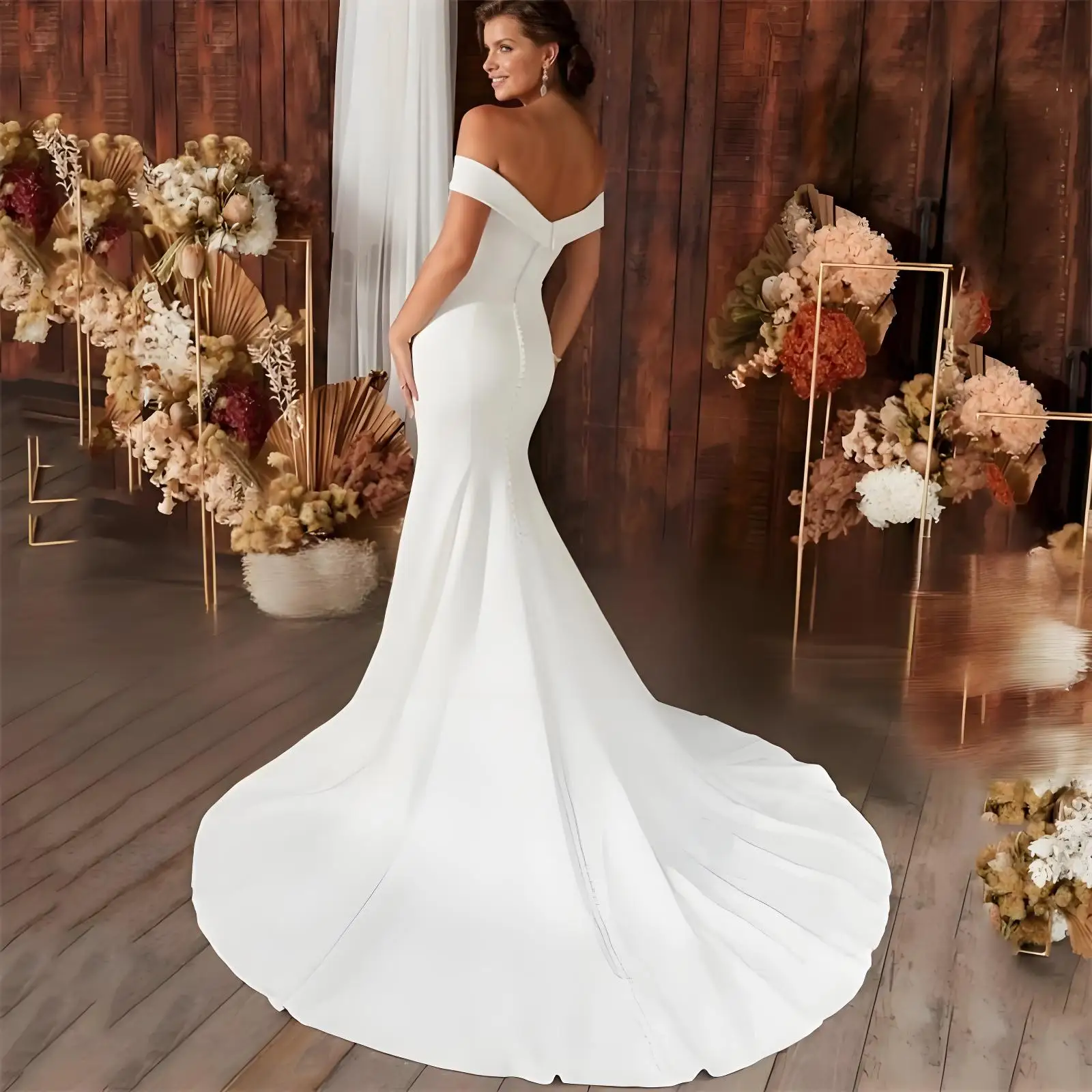 Beshinel Abiti da sposa a sirena bianchi personalizzati con scollo a cuore aperti sul retro con spalle scoperte Abiti da sposa Treno Abiti da Noiva