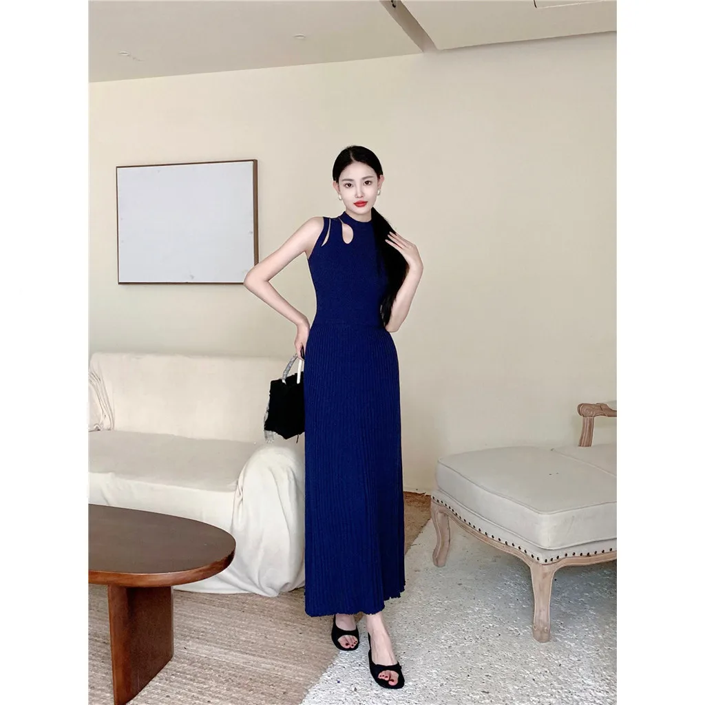 하프 하이 칼라 민소매 탱크 스커트, 레트로 스타일, 불규칙한 할로우, 허리, 큰 스윙, 이너 롱 스커트, 가을 및 겨울