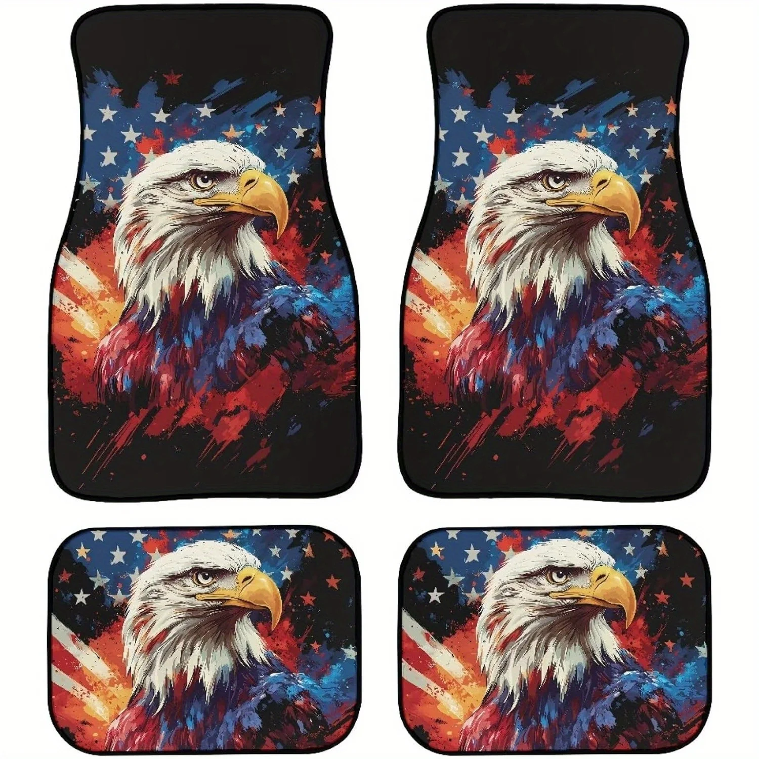 

Набор из 4 автомобильных ковриков с изображением американского флага и белоголового орлана, предназначенный для использования как спереди, так и сзади, совместим с большинством автомобилей.