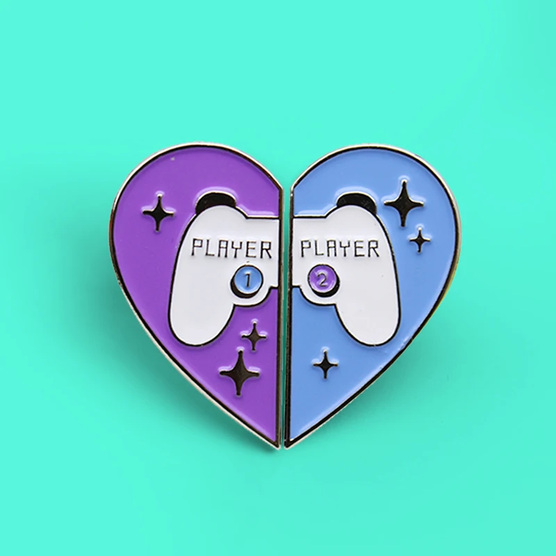 PLAYER Blue Violet Heart-shaped Enamel Brooches Game handle Broken Heart  2pcs/set Brooch Pins Lapel Pin Backpack Metal Badge
