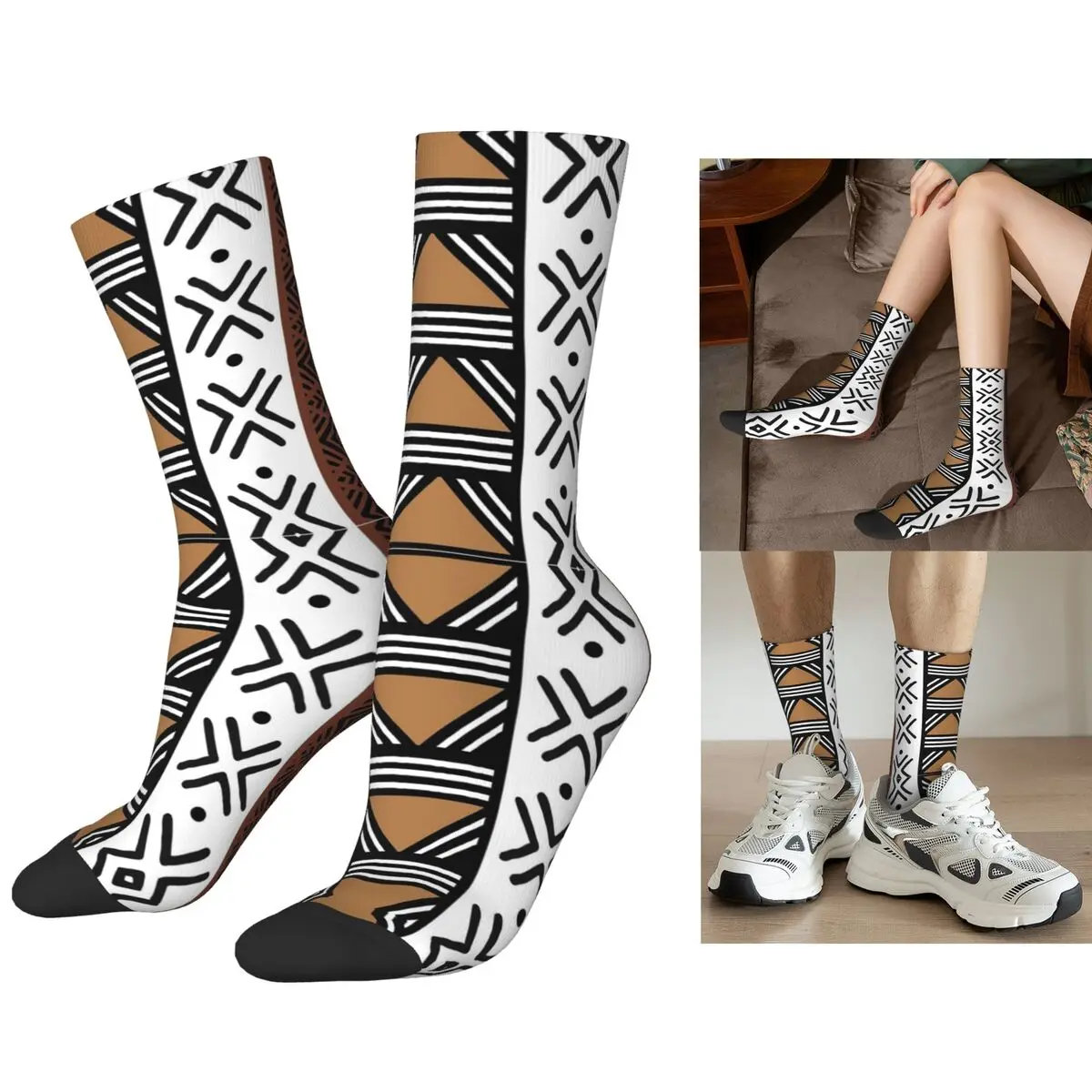 

African Tribal Bogolan Pattern Socks Harajuku Sweat Absorbing Stockings All Season Long Socks Accessories for Unisex Gifts