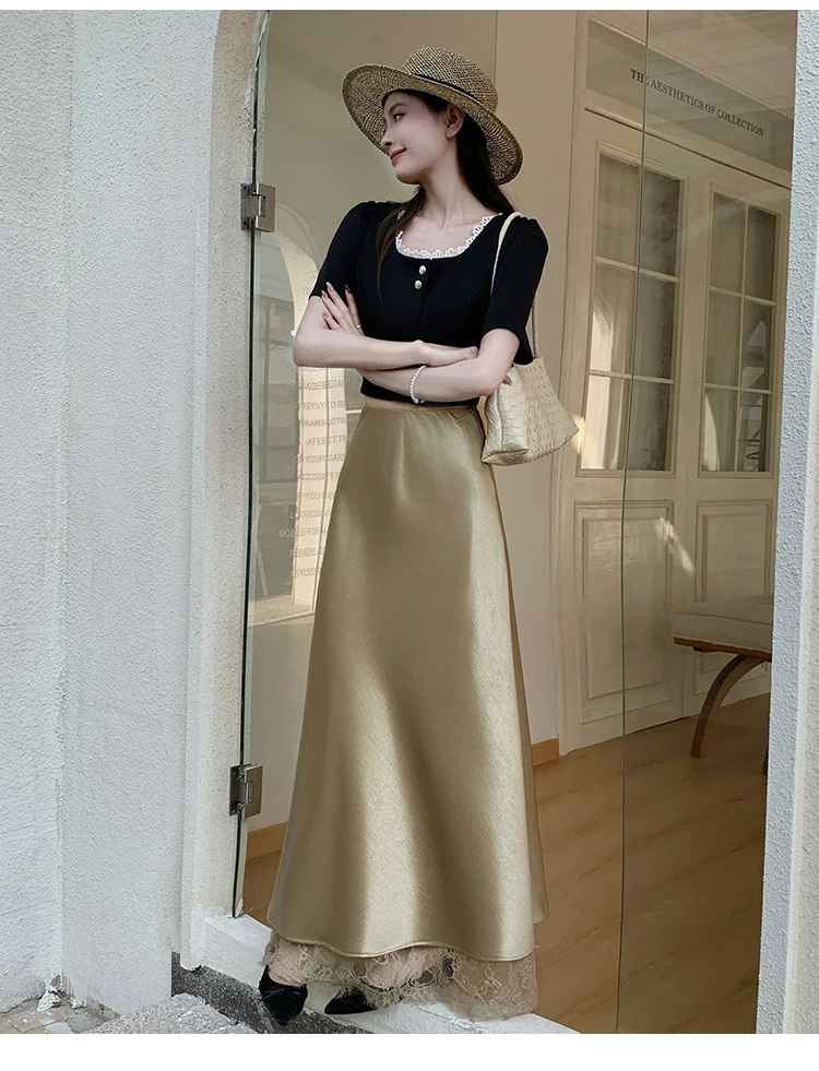 2026 Sommer Herbst Neuer Schlanker Hochwertiger Modischer Halbrock Eleganter Spitzenbesatz Satin Seitenschlitz Damen Midi-Rock – Detail 16