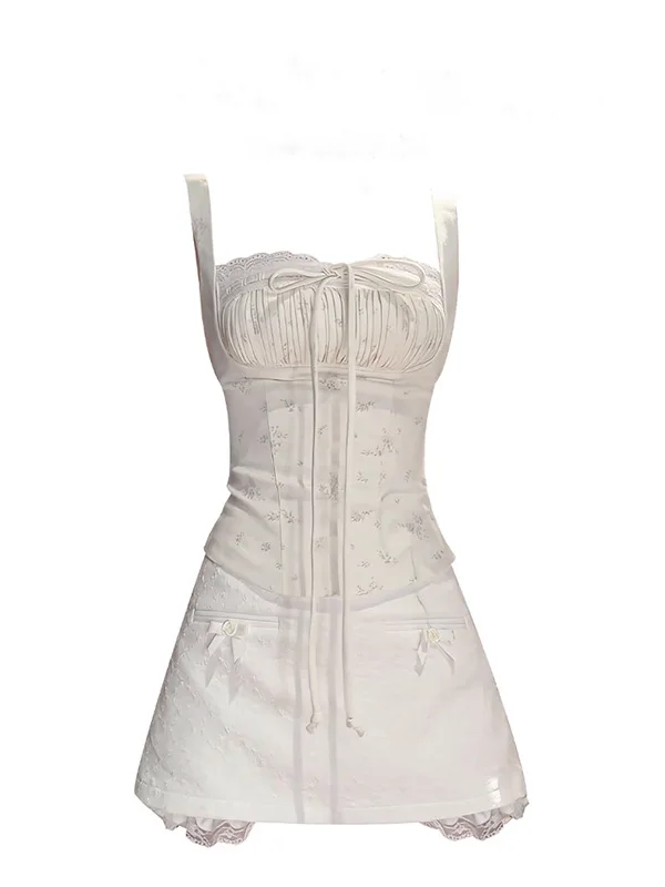 

Floral Lace Trim Short Skirt Sweet Spicy Set Pure Desire Style Tie Design High Waist Skirt Spring Summer Fashion