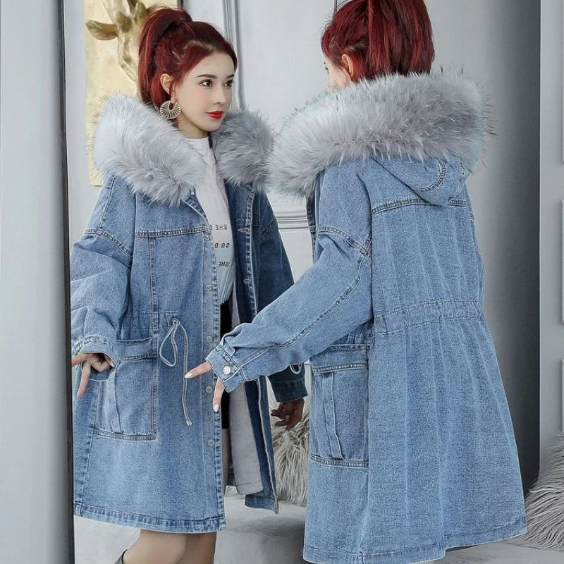 Thick Denim Cotton Jacket With Fleece Lining, Women's Winter Korean Large Size Loose Stylish Versatile Medium Long Coat w1595