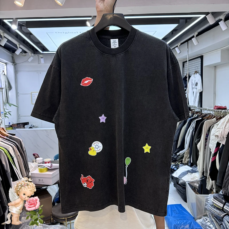 

Men's Clothing Classic Paster Print T-shirt Men Women Washed Black High Quality Summer Short Sleeve Cotton Round Neck Tops Tee