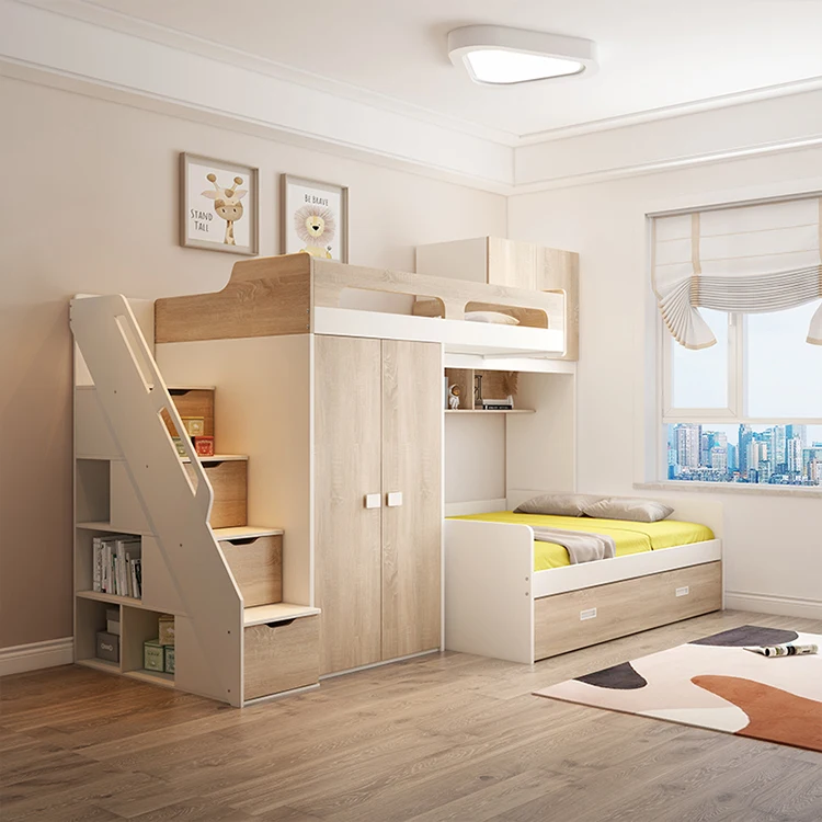 *New Style Wood Grain Double Bunk Bed Storage for Kids Bunk Bed with Wardrobe