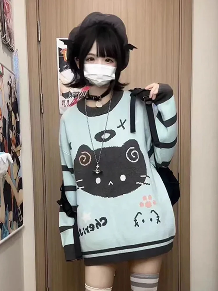 การ์ตูนญี่ปุ่นพิมพ์เสื้อกันหนาวผู้หญิง Kawaii Jacquard ลมขี้เกียจถัก Pullovers ฤดูใบไม้ร่วงฤดูหนาวหลวมสบายๆน่ารักหวานเสื้อใหม่