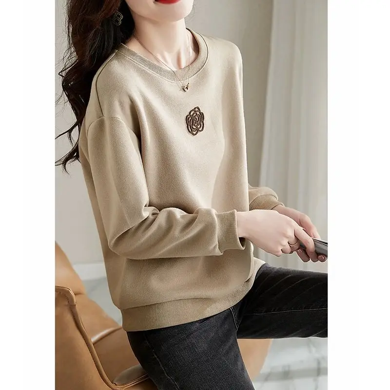 Gentle Style O-Neck Long Sleeve Embroidery Floral Spring Autumn New Sweatshirt Loose Basic Casual Solid Color All-match Tops