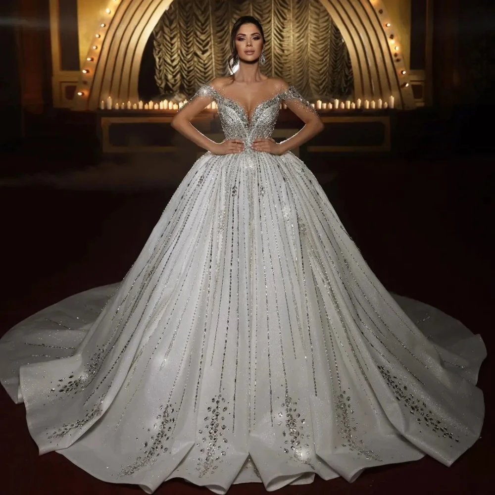 2024 Exquisite Beads Rhinestones Wedding Dress Illusion Off The Shoulder Bride Robe Customized Long Bridal Gown Robe De Mariée