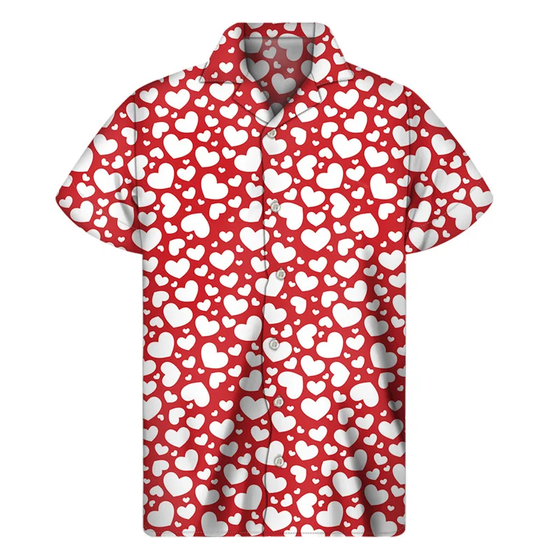 Cute Love Heart Aloha Shirt For Men Clothes 3D Print Hawaiian Shirts Summer Beach Short Sleeve Tops Street Lapel Button Blouse