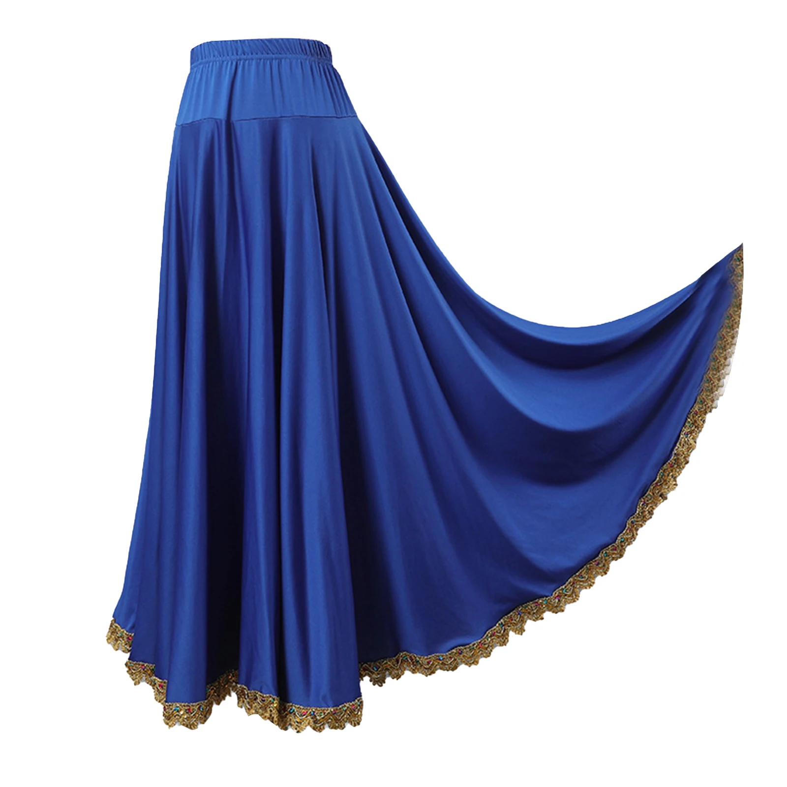 Womens Adult Flamenco Long Skirt Performance Costumes Elastic Waistband Gold Trim Big Swing Skirt Ballroom Ethnic Dance Skirts