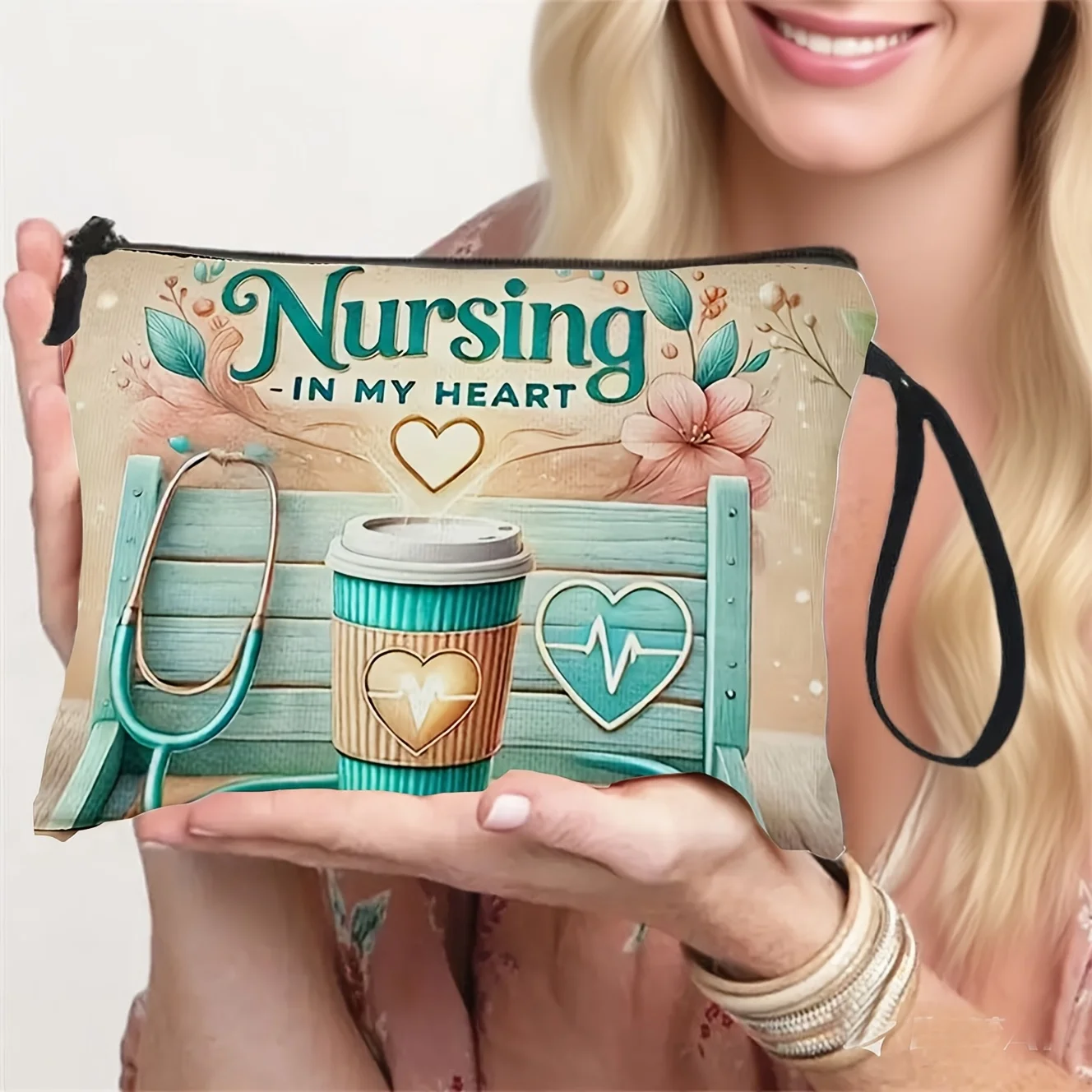 Nurse-themed Makeup Bag Floral Stethoscope Icon Lightweight Toiletry Organizer Pouch for Nursing for Women Summer Travel Gifts