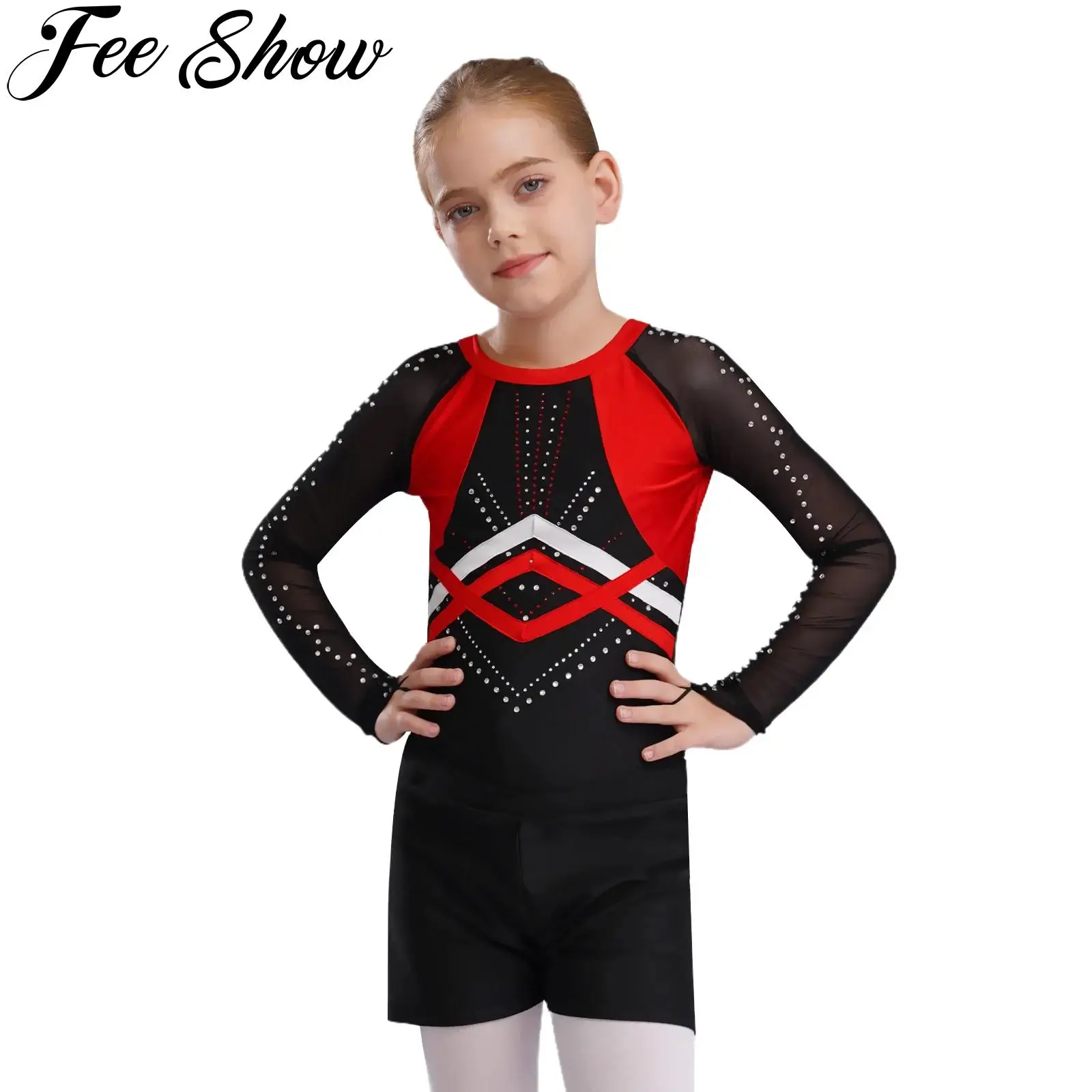 الفتيات لامعة الراين الجمباز يوتار الباليه الرقص التزلج اليوغا تجريب زي بقماش شفاف كم طويل ارتداءها مع السراويل