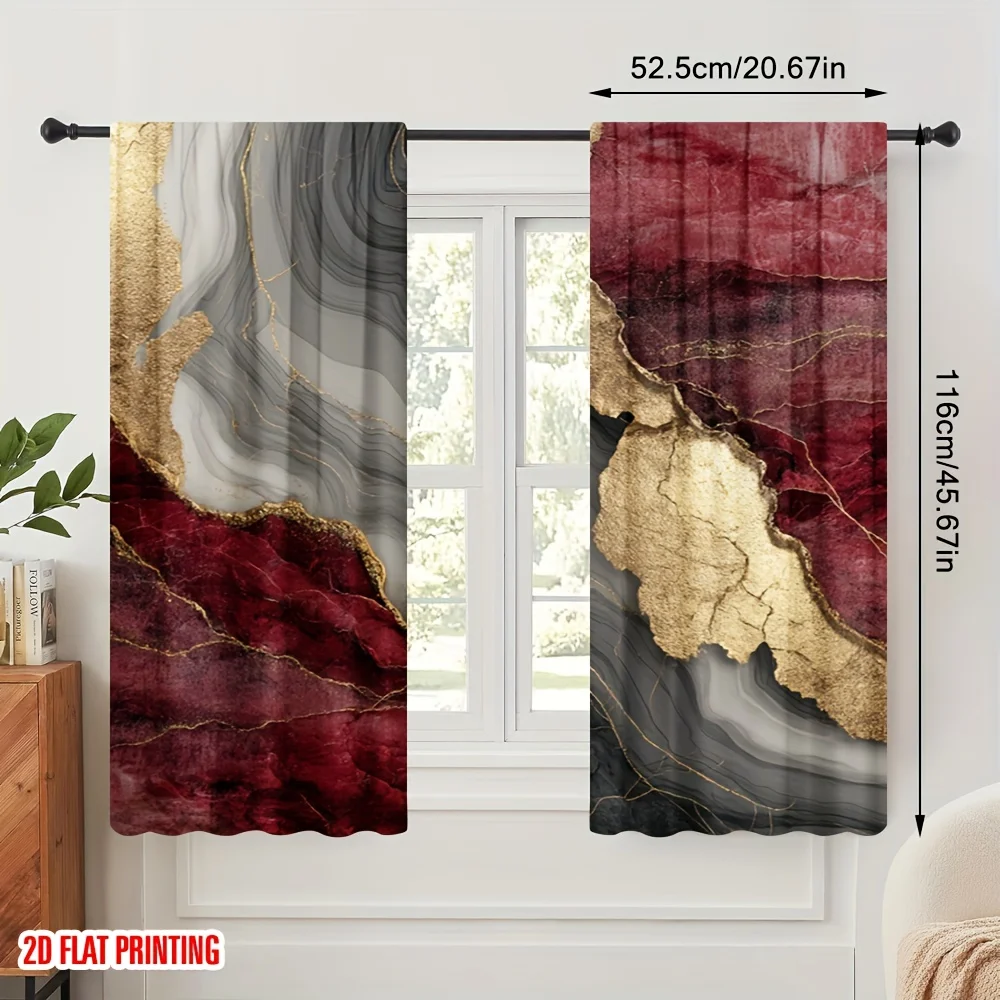 Fluid Gold Vein Marble Window Curtain 2 Panels, Vivid Red Gray Gold Foil Marble Print Elegant Dark Tone Bedroom Decor Curtain