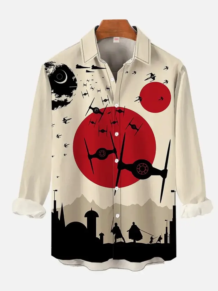 Red Sun under the spaceship and soldiers silhouette printed short-sleeved shirt, space war