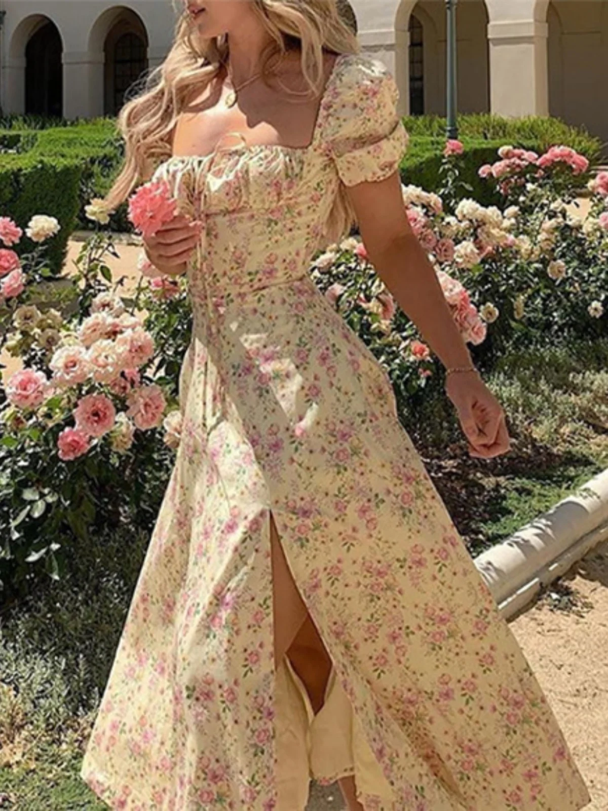 플로럴 프린트 오픈 백 스플릿 여성용 봄 하이웨이스트 주름 스커트 기본 A라인 스커트