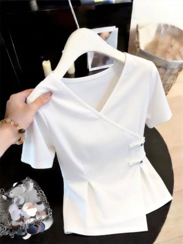 

Slimming Effect White Simple ort T-irt Women's Casual Sle Inymmetric Design Knot Waist Summer New Arrival for Girls