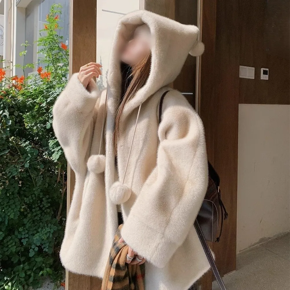 Apricot Women Hooded Jacket Autumn Winter Women's Loose Jacket Hooded Jacket Winter Parka Women Polyester Material