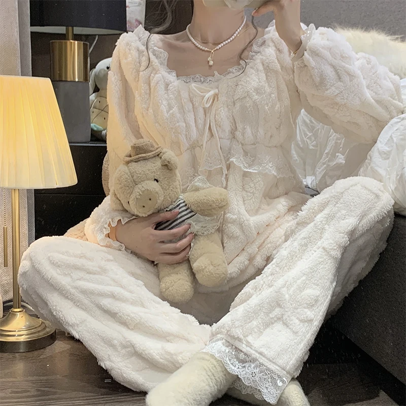 Winter New Plush Soft Warm Women\'s Pajamas Lace V-neck Long Sleeve 2 Piece Outfit Set Women Sweet Solid Color Princess Home Wear