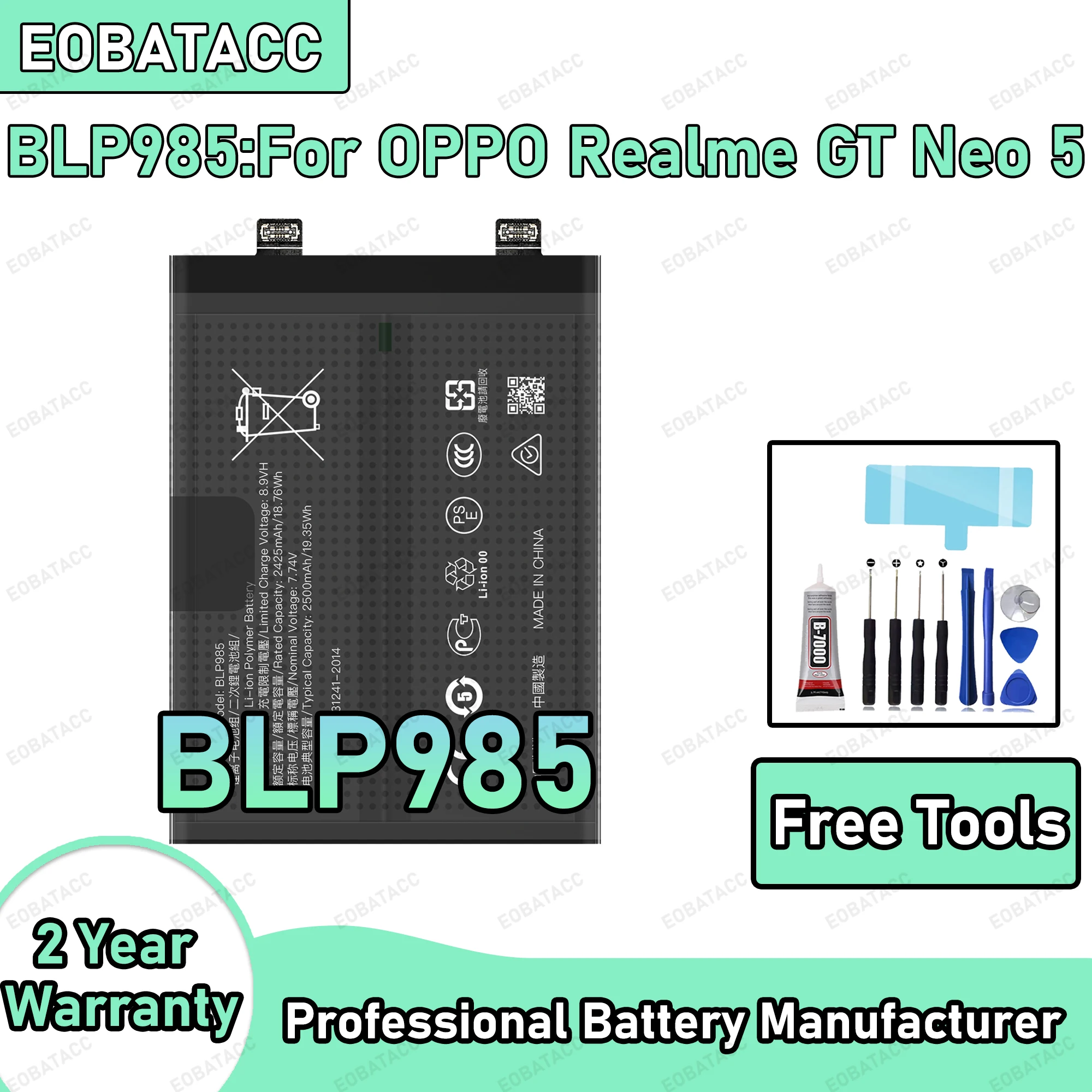 

5000mAh 100% New BLP985 Battery For OPPO Realme GT Neo 5 Replacement Bateria+Free Tools