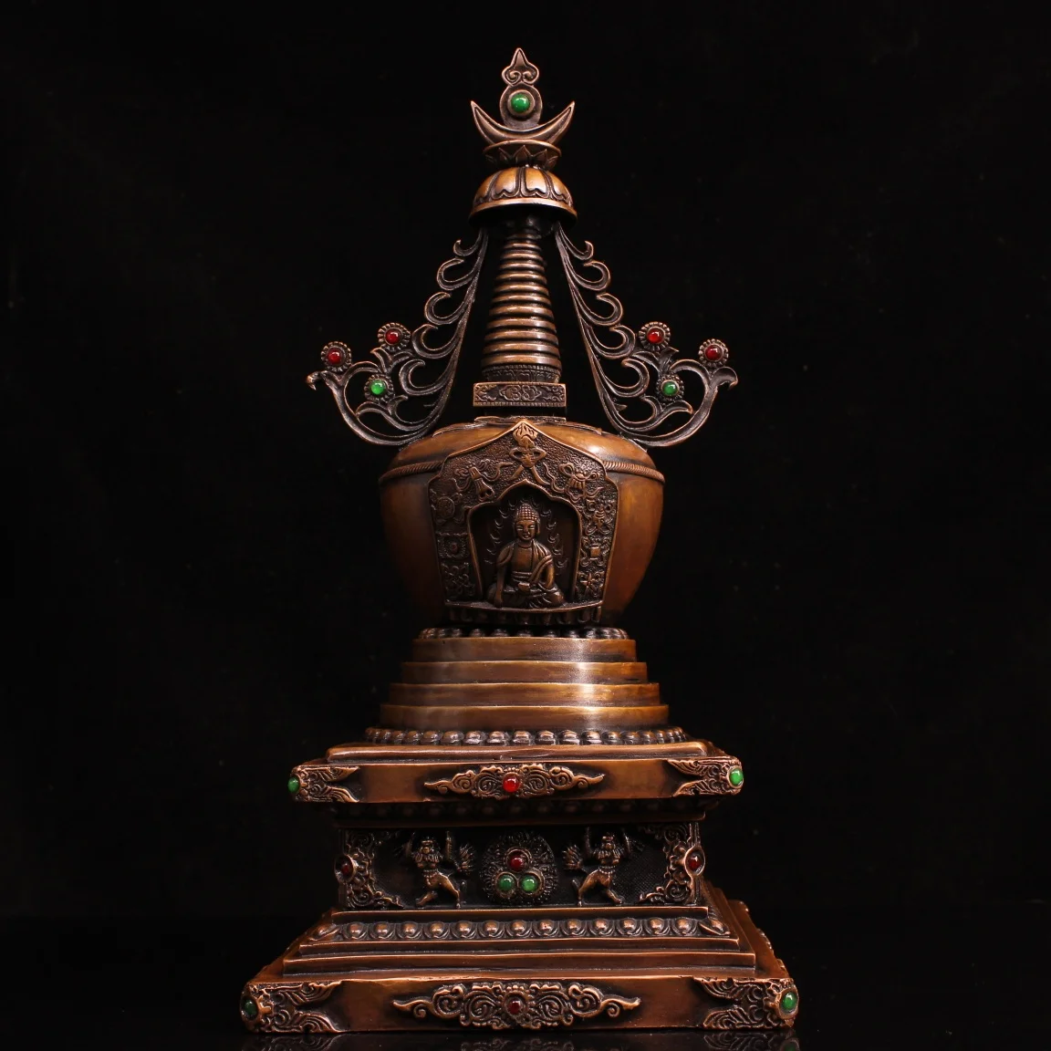 16"Old China Collections Old Bronze Mosaic Gem Shakyamuni Buddha Pagoda Amitabha Stupa Worship hall Town house Exorcism