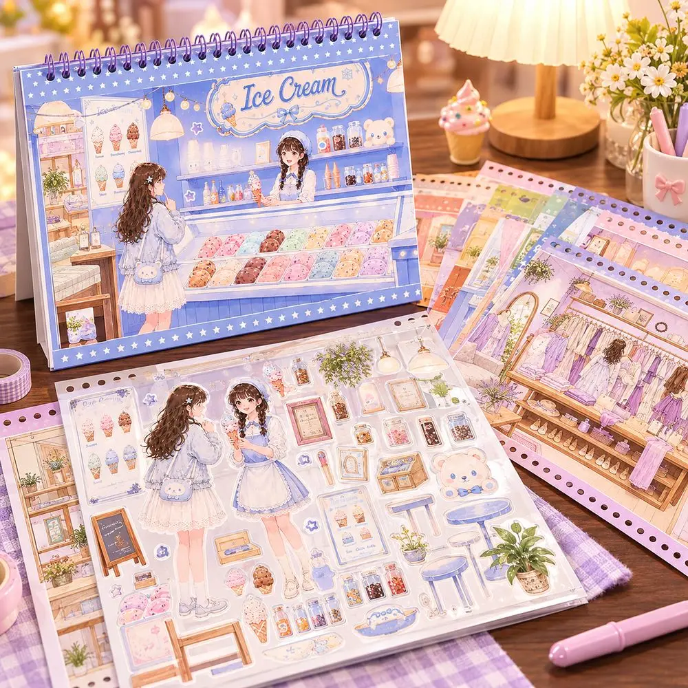 Cute Cartoon Girl Sticker Book PET Positioning Line Dress Up Stickers Scene Background Cards Scene Sticker Set Fashion Outfits