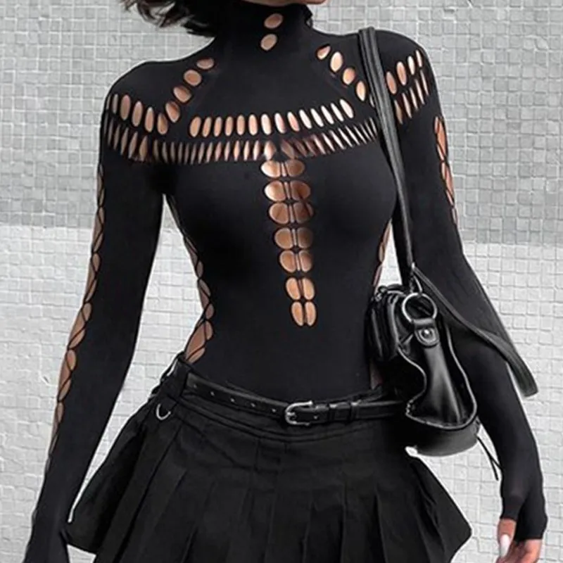 

Jumpsuit Skinny Women Bodycon Y2k Streetwear Rompers Hollow Out Ripped Holes Party Bodysuit 2025 Summer High Waist One Piece