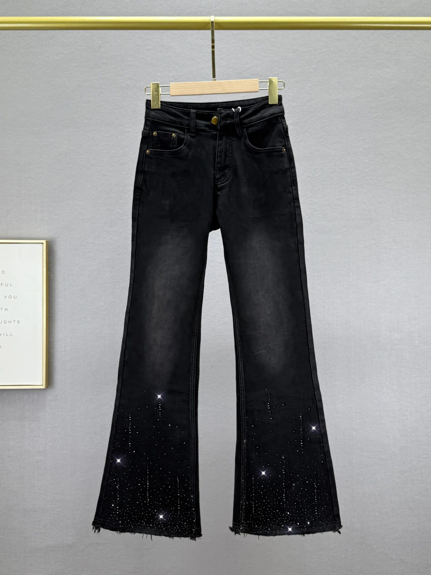 

Fce Lined Glitter Denim Jeans High Waist Slimming Micro Flared Pants Women's Faion Winter New Arrival European Sle