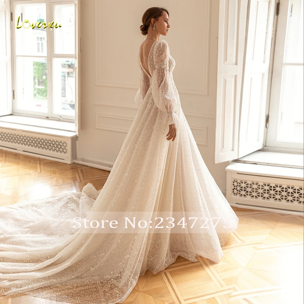 Loverxu A-Line Romantic Boho Wedding Dresses V-Neck Long Sleeve Robe De Mariee Lace Beaded Court Train Custom Made Bridal Gown