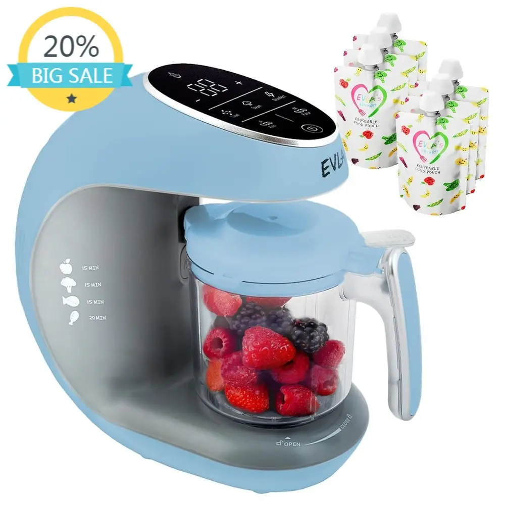 

Quick Steam and Blend Baby Food Maker with 6 Reusable Pouches, Essential for Baby Registry, Blue