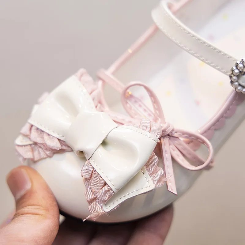 

Детская повседневная обувь, туфли-лодочки на высоком каблуке, весенняя обувь принцессы из искусственной кожи для девочек, противоскользящая ​ Бежево-розовые туфли с мягкой подошвой, размер 26–36