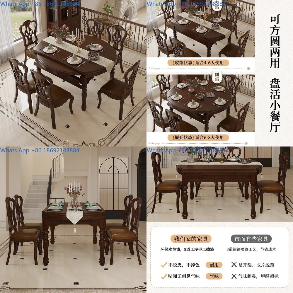 

Rustic American Style Dining Table Set Solid Wood Foldable Round Table for Home Restaurant Living Room Use