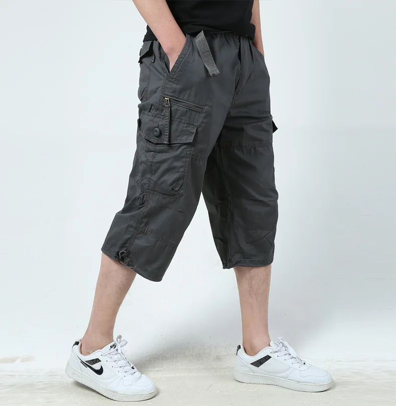 Pantalones cortos Cargo de longitud larga para hombre, pantalón corto hasta la rodilla con múltiples bolsillos, informal, de algodón, con cintura elástica, estilo militar, para verano