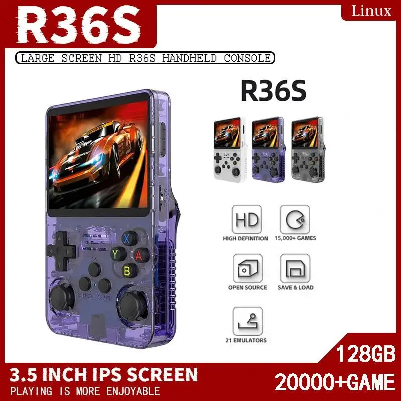 Open Source R36S Retro Handheld Video Game Console Linux System 3.5 Inch IPS Screen Portable Pocket Video Player 64GB Games