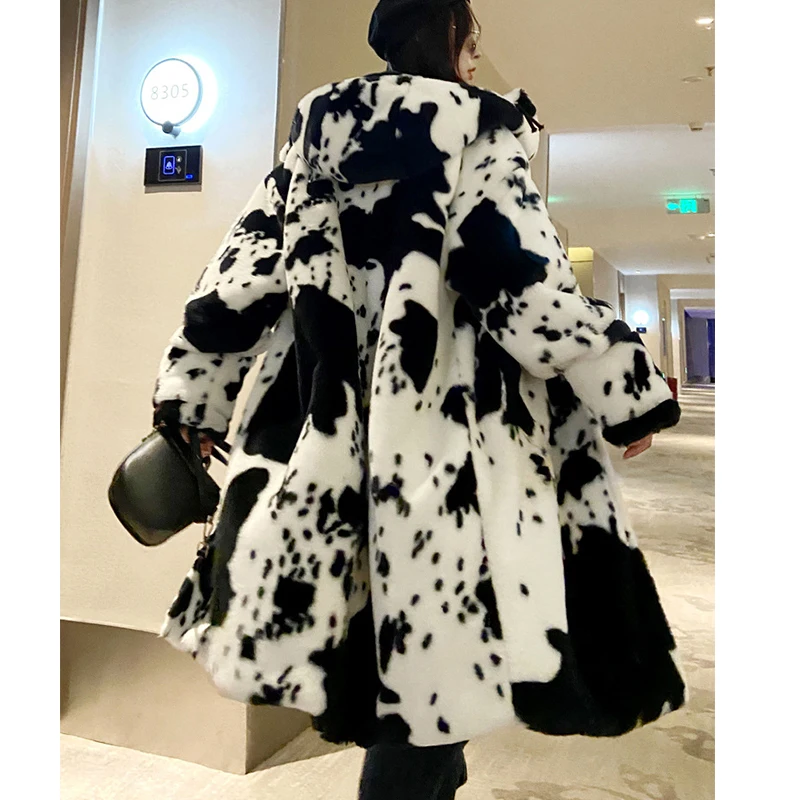 Cow Print Fur Coat Women Winter Parka Jacket Faux Rabbit Fur Hooded Long Coat Thick Warm Couple Clothes Lady Mink Coat